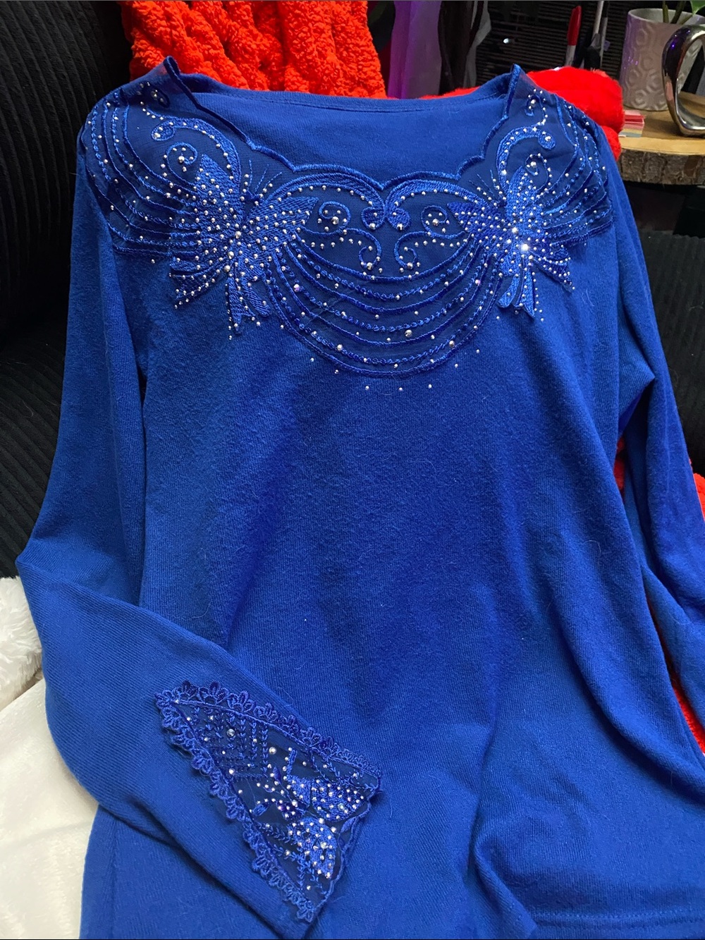 Embellished Royal Blue Women's Sweater Top